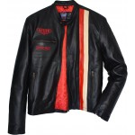 Steve McQueen Heuer Grand Prix Twin Striped Black Full Leather Biker Jacket